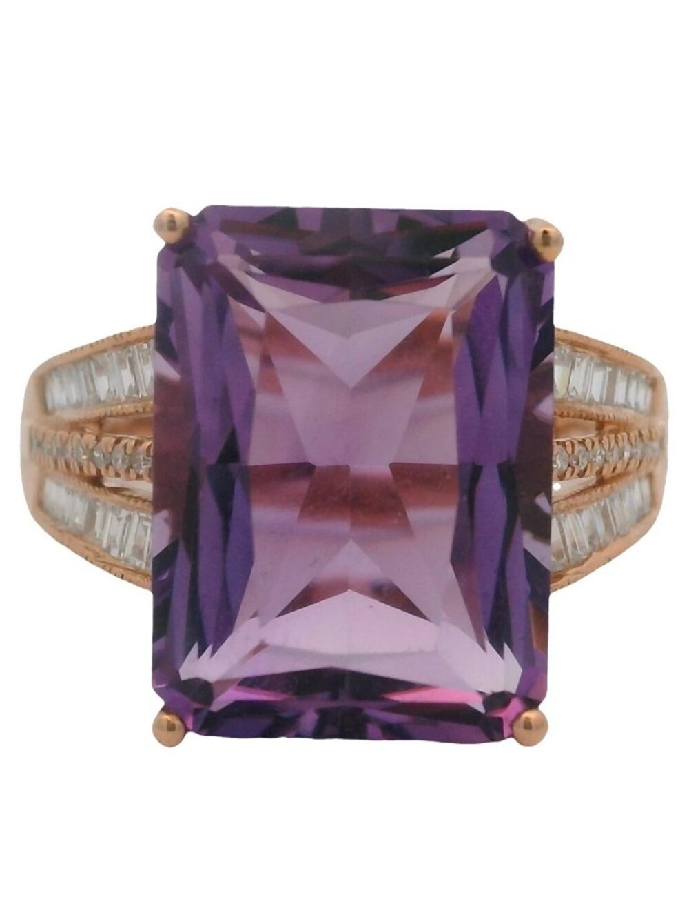 EFFY 14kt Rose Gold Amethyst Cocktail Ring Baguette Round Diamond Ring Size10.5